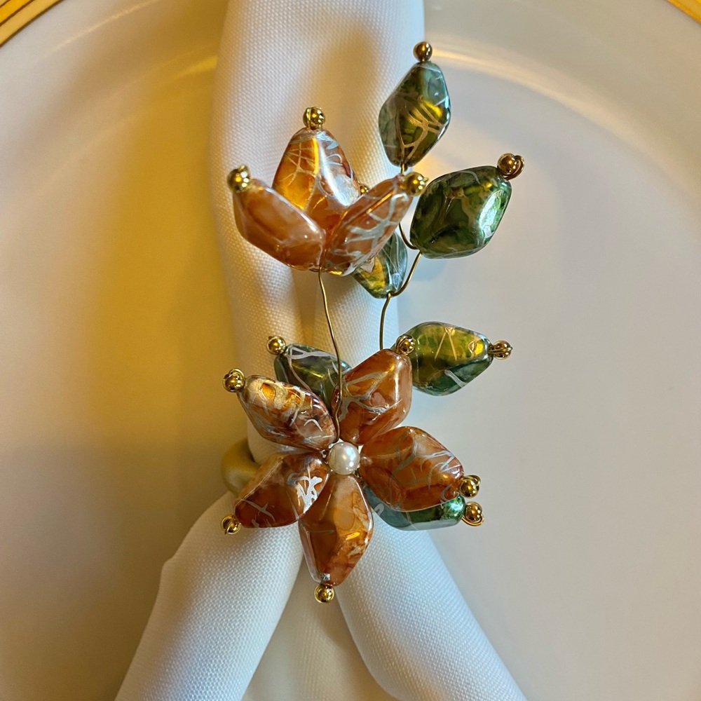 Set of 6 handmade beaded floral design napkin rings napkin holders